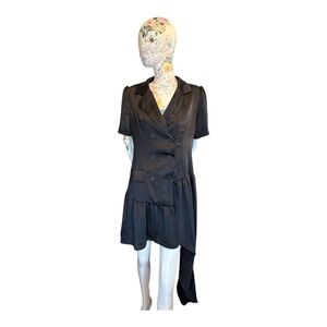 Black Asymmetrical Wrap Dress with Notched Collar